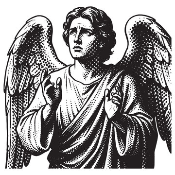 Vintage Halftone Illustration of a Divine Angel with Wings in a Rasterized Screenprint Style with Stippling and Dots