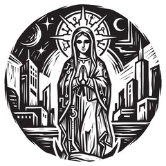 Fototapeta premium Modern religious Madonna praying in a city skyline, black and white woodcut, engraved style relief, carved printmaking illustration of sacred divinity with celestial halo and stars