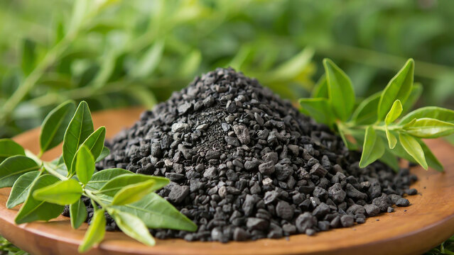 Natural Charcoal Biochar Granules with Fresh Green Leaves on Wooden Surface