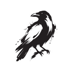 Naklejka premium Artistic Raven Illustration in Traditional Japanese Sumie Inkwash Style, Expressive Zen Brushwork and Calligraphy Inspired Bird Art