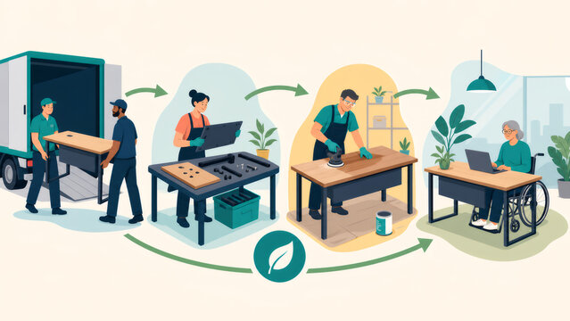 Circular economy process for furniture, employees handling returning, disassembling, repairing, and reusing a desk