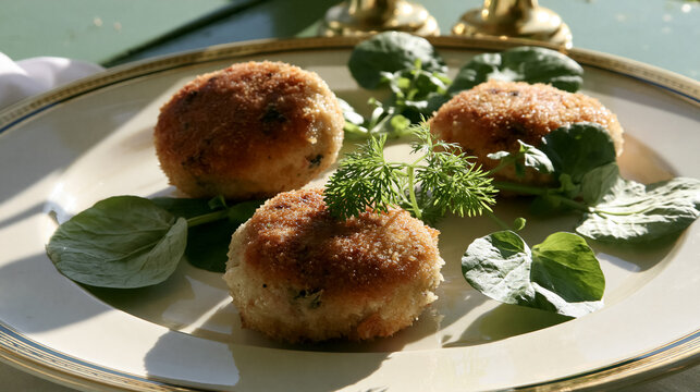 Golden brown fish cakes on an elegant plate, garnished with fresh dill and watercress, presenting a gourmet appetizer or meal
