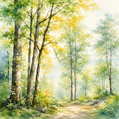 Fototapeta premium Watercolor Sunlit Forest Path with Green and Golden Trees