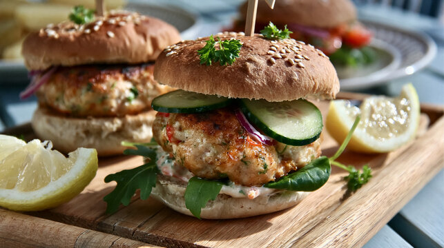 Mini salmon burger with fresh cucumber, red onion, arugula, and creamy sauce on a wooden board, ready for a healthy meal