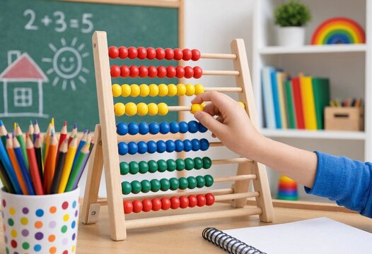 Child learning mathematics with colorful wooden abacus in classroom, surrounded by pencils, books, and supplies, promoting counting, creativity, concentration, and education.