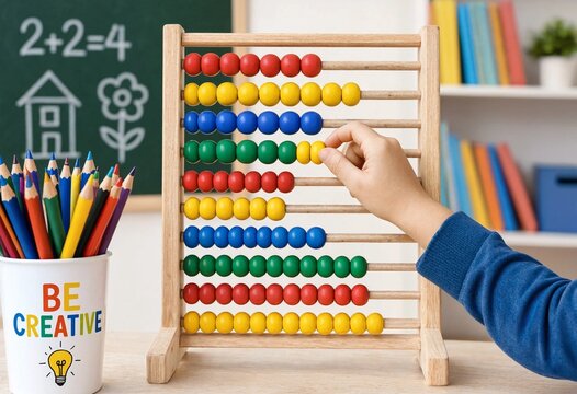 Child learning mathematics with colorful wooden abacus in classroom, surrounded by pencils, books, and supplies, promoting counting, creativity, concentration, and education.