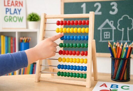 Child learning mathematics with colorful wooden abacus in classroom, surrounded by pencils, books, and supplies, promoting counting, creativity, concentration, and education.
