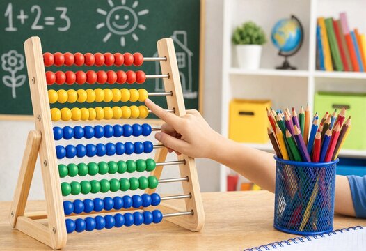Child learning mathematics with colorful wooden abacus in classroom, surrounded by pencils, books, and supplies, promoting counting, creativity, concentration, and education.