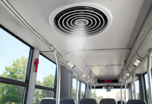 Modern bus interior featuring a ceiling air vent releasing cool mist, illuminated by natural daylight, showcasing clean design, comfortable transportation, and efficient airflow.