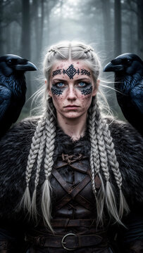 Vikinga, guerrera, mujer vikinga, guerrera n&oacute;rdica, mitolog&iacute;a n&oacute;rdica, mujer guerrera, cuervos, cuervo negro, cabello blanco, trenzas, tatuajes n&oacute;rdicos, runas, guerrera ancestral, pieles, armadura de