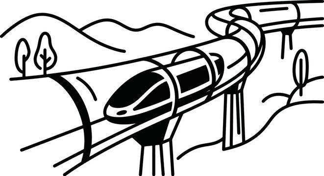 Futuristic maglev train traveling through a transparent tube on elevated tracks across a picturesque landscape in a black and white outline illustration style