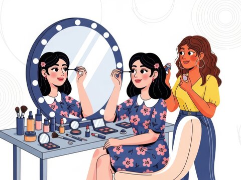 A woman applying makeup in a vanity setting
