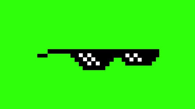 Pixel art thug life sunglasses animation on green screen background.4k
