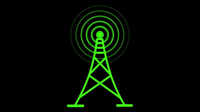 Glowing green radio antenna tower emitting signal waves motion graphics on black background.