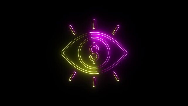 Neon eye symbol with dollar sign glowing in dark background animation loop for digital marketing and finance video assets.