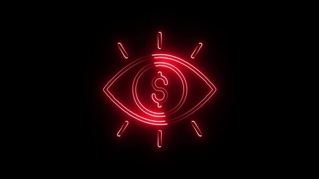 Red neon eye graphic with dollar sign center glowing against black background animated stock footage motion graphic icon.