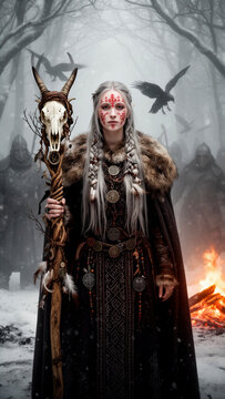 vikinga, guerrera, mujer guerrera, guerrera n&oacute;rdica, vikinga n&oacute;rdica, mitolog&iacute;a n&oacute;rdica, fantas&iacute;a, fantas&iacute;a oscura, bosque nevado, invierno, nieve, guerrero, guerreros, armadura, pieles, capa de piel,