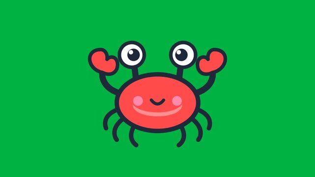 Friendly red crab character vector animation on a solid green backdrop for kids
