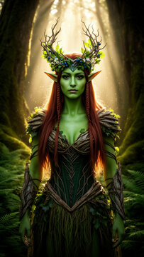 elfa, hada, mujer fant&aacute;stica, criatura fant&aacute;stica, bosque encantado, naturaleza, magia, elfa verde, mujer elfa, orejas puntiagudas, cabello rojo, corona de ramas, corona floral, flores silvestres, ram