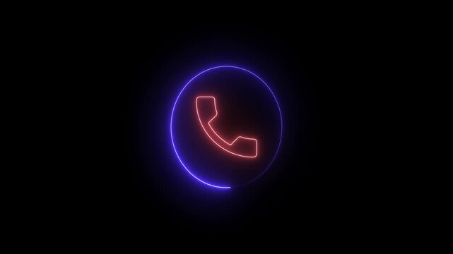 Neon glowing call icon animation with blue circle motion on black background abstract phone symbol digital communication.