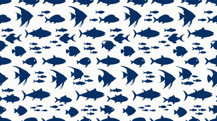 Fototapeta premium Seamless Pattern of Various Dark Blue Fish Silhouettes