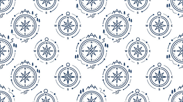 Seamless Pattern of Minimalist Adventure Compasses and Mountains