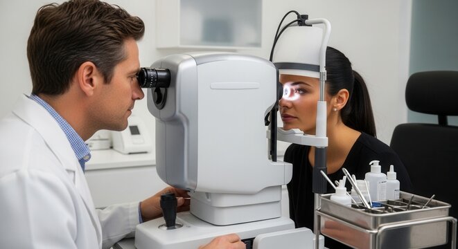 Optometrist examining patient's eye with optical instrument, close-up of eye exam in clinic, vision care, medical check-up.