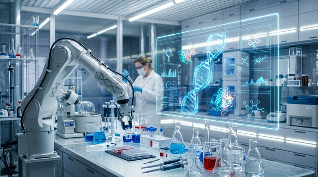 Automated robotic arm handling samples in a high-tech biotechnology laboratory with a female scientist and a holographic display of DNA strands and molecular data analysis.