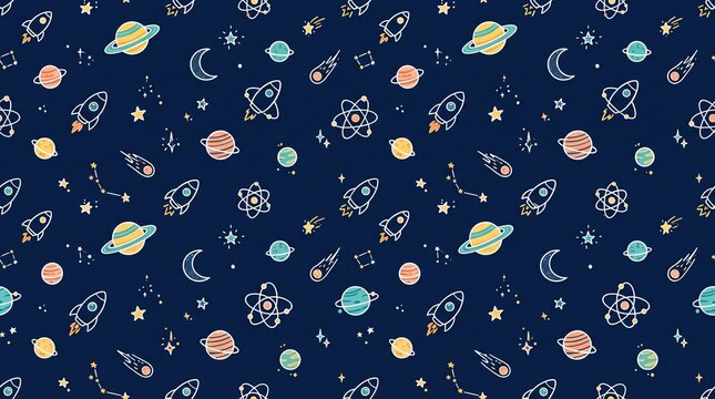Seamless space pattern with rockets and planets. Hand drawn celestial galaxy background. Dark blue cosmic wallpaper for kids.