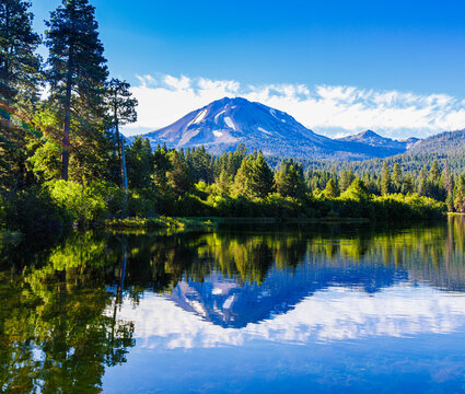Lassen Peak and The Surrounding Forest Refletion on Manzanita Lake, Lassen Volcanic National Park, California, USA