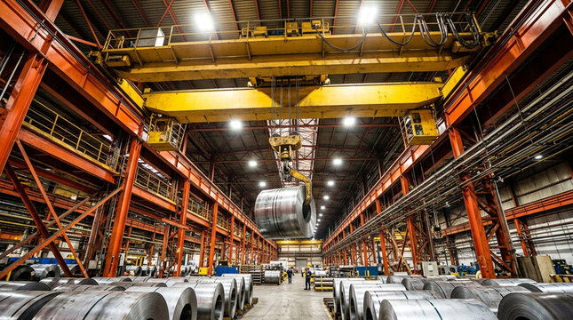 Industrial interior of a steel manufacturing plant featuring a large yellow overhead gantry crane lifting a heavy rolled metal coil above rows of stored steel products.