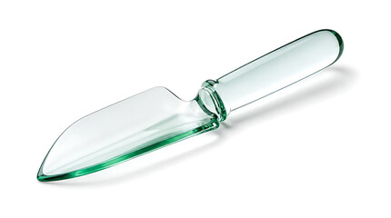 Fototapeta premium Macro close up of transparent green glass gardening trowel neck showing smooth fluid curves on pure white background for minimalist aesthetic design