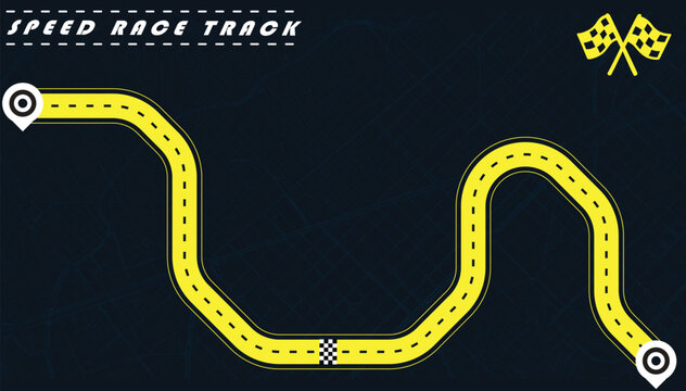 Road track or Race track in yellow color isolated on dark background with a street map.