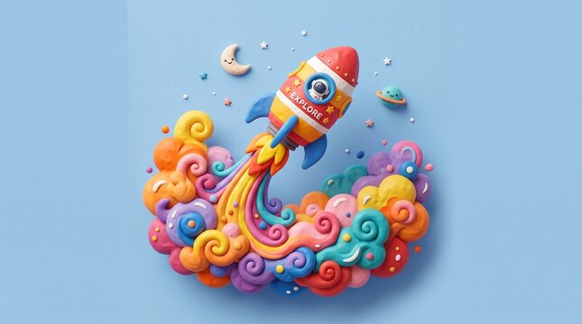 Whimsical clay rocket ship launching, colorful plasticine space exploration scene, 3D handcrafted toy rocket with rainbow smoke clouds