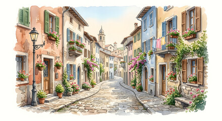 Fototapeta premium Watercolor Illustration of an Old Cobblestone Street in a European Village