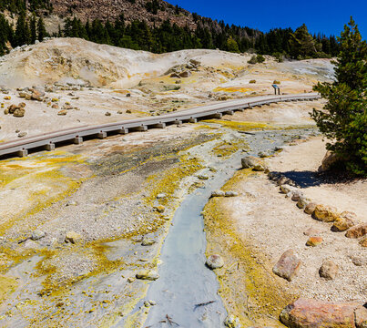 Boardwalk Crossing Colorful Hydrothermal Area on The Bumpass Hell Trail, Lassen Volcanic National Park, California, USA