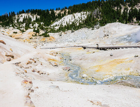Boardwalk Crossing Colorful Hydrothermal Area on The Bumpass Hell Trail, Lassen Volcanic National Park, California, USA