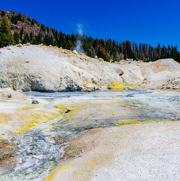 Boiling Cauldron of Blue Water on The Bumpass Hell Trail, Lassen Volcanic National Park, California, USA
