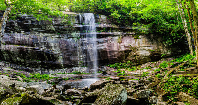 Le Conte Creek Flowing Over Rainbow Falls In The Appalachian Forest, Great Smoky Mountains National Park, Tennessee, USA