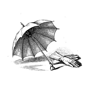 Vintage Parasol and Elegant Gloves in Black and White Etching Style