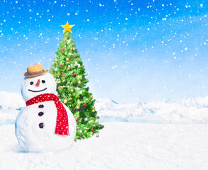Fototapeta premium Snowman with a red scarf and hat beside a decorated Christmas tree.