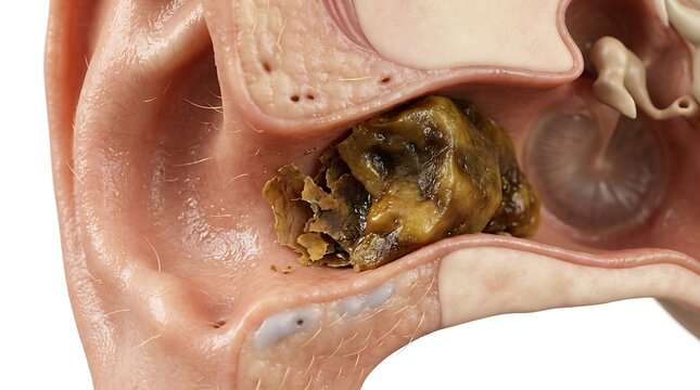 Close-up 3D render of the external auditory canal with a large mass of impacted dark brown earwax blocking the path to the eardrum, illustrating cerumen impaction and hearing loss