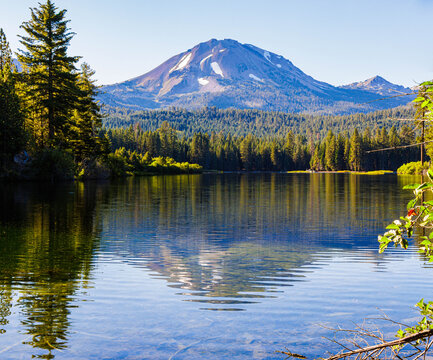 Lassen Peak and The Surrounding Forest Reflection on Manzanita Lake, Lassen Volcanic National Park, California, USA