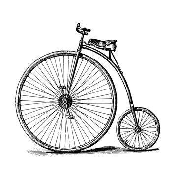 Detailed vintage engraving of a classic penny farthing bicycle isolated on white background