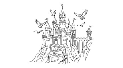 Naklejka premium Fantasy Castle Drawing with Birds Flying, Isolated Line Art