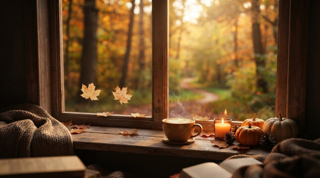 Cozy autumn window sill with a cup of warm coffee, candle, pumpkins, and a view of a colorful fall forest.