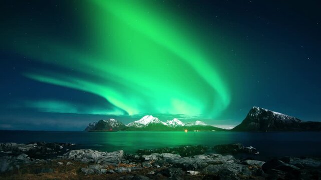 Magical aurora borealis timelapse of green dancing light in starry night sky, aurora borealis corona phenomenon high in the sky, aurora borealis northen light in sweden, Kiruna, over Arctic circle