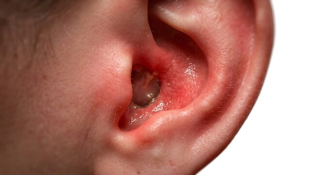 Close-up view of a human external ear canal showing severe inflammation, redness, and swelling associated with an outer ear infection, medical photography for healthcare and diagnostic purposes.