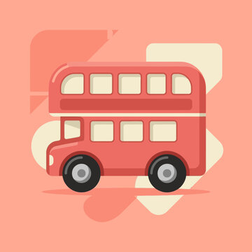Flat vector illustration of a classic red double-decker bus on a colorful background