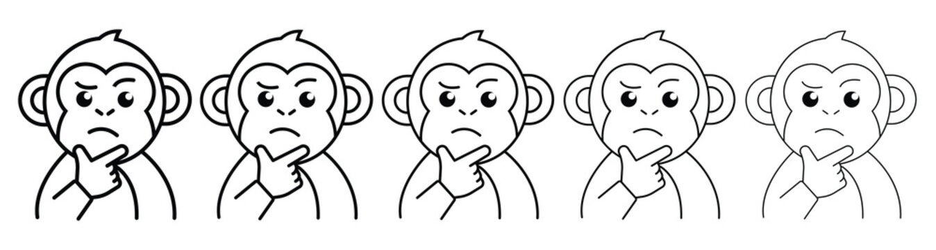 A set of five vector line art icons depicting a monkey in deep thought, perfect for logos and apps.